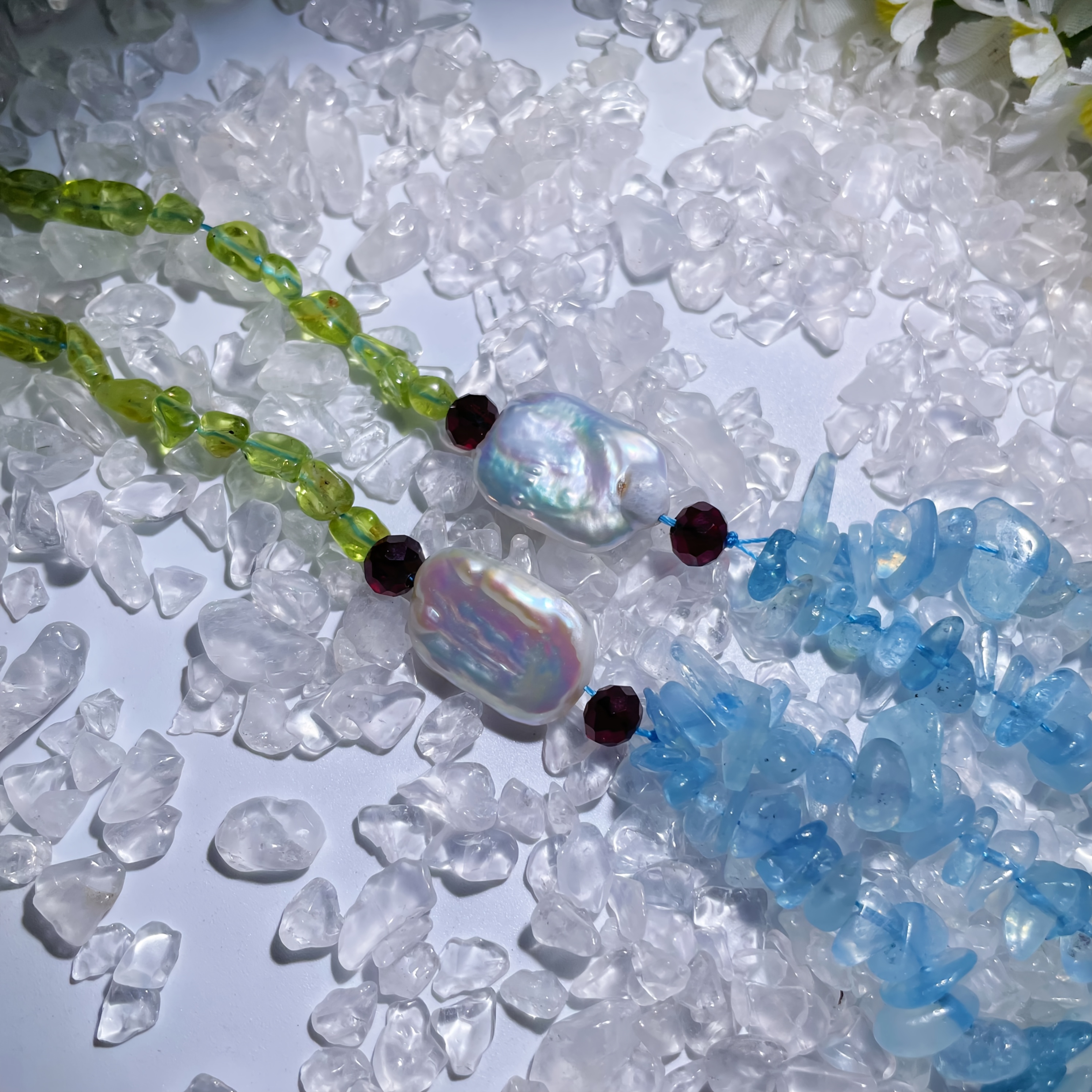 Handmade Adjustable Aquamarine & Peridot Bracelet, Y2K Boho Style